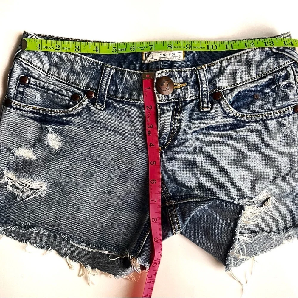 Free People Jean Shorts Distressed Raw Hem Mid Rise blue